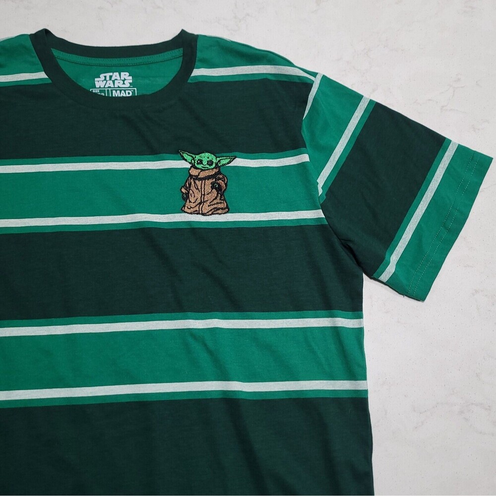 Star Wars Baby Yoda Grogu Embroidered Mad Engine NWOT Large Green Stripes